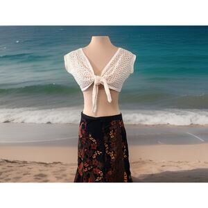 Y2K Crochet Netted Boho Festival Top Medium White Cropped‎ 2000s Beach Tie Front